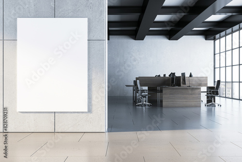 An empty poster mockup in a modern office lobby, featuring a white canvas on a light wall, concept of branding space. 3D Rendering
