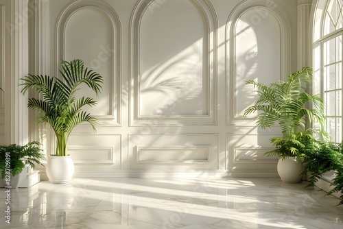 White room and indoor plants in sunlight