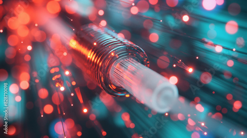 Fiber optics network cable. Background of blue and green circles with binary code. Telecommunications background. 3D illustration