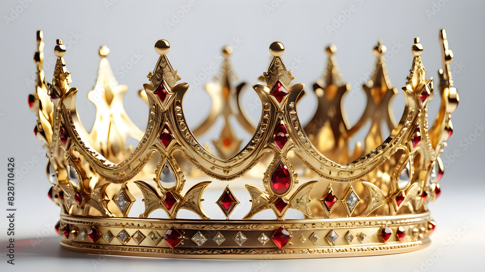 Golden crown, raised, opulent, massive, playful, many details, tapering, medieval, against a white background, Generative AI Golden crown, raised, opulent, massive, playful, many details, tapering, medieval, against a white background, Generative AI