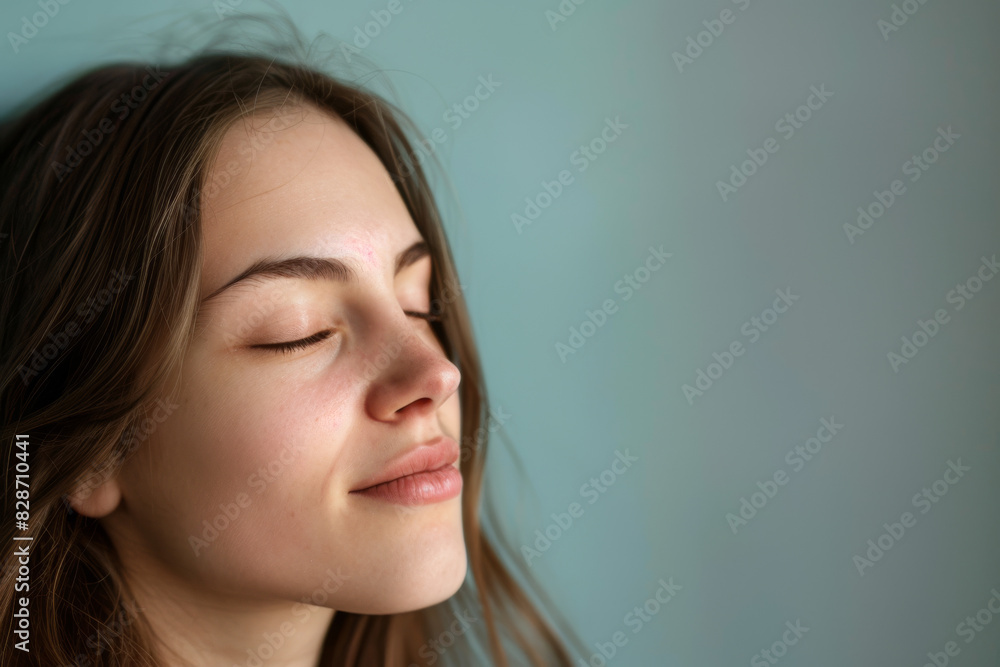 A close up of a woman's face with her eyes closed looking to a side A close up of a woman's face with her eyes closed looking to a side