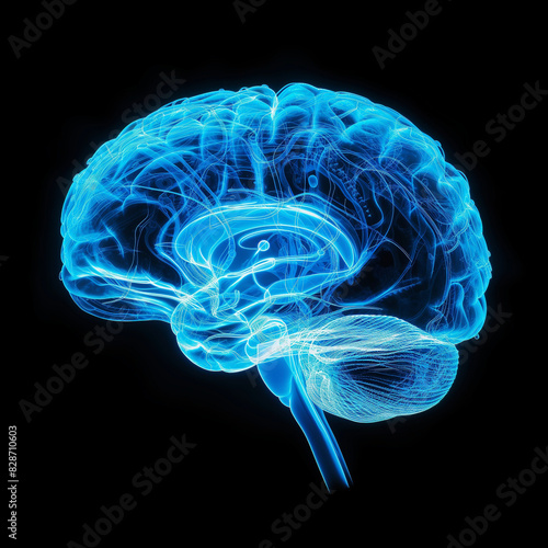 Human brain concept illustration. Glowing human brain artwork. Mind education symbol. Digital artwork raster bitmap illustration. AI artwork. © Oxana