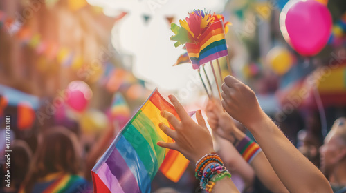 Hands of diverse people raising colorful lgbt rainbow flags in the air, blue sky background, concept of parade, movement, equality, gender diversity, love.