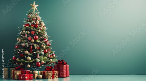 A Christmas tree adorned with red and gold ornaments and surrounded by wrapped presents, The green background enhances the festive atmosphere, ideal for holiday promotions and greetings, AI-generated