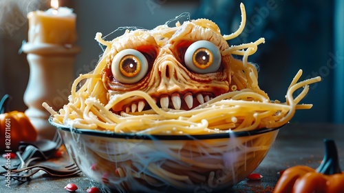 Vampire monster face with oversized eyes peering from within a dish of creepy Halloween pasta, perfect for an ad campaign photo