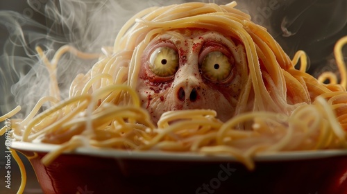 Vampire monster face with oversized eyes peering from within a dish of creepy Halloween pasta, perfect for an ad campaign photo