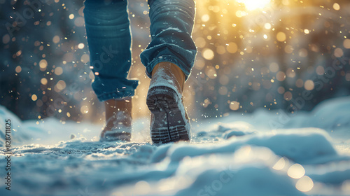 Captivating Outdoor Winter Scene Featuring a Person Braving the Snow in Sturdy Boots backdrop on background
 photo