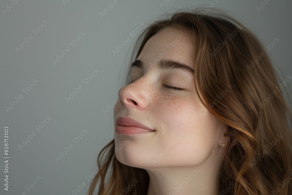 A close up of a woman's face with her eyes closed looking to a side A close up of a woman's face with her eyes closed looking to a side