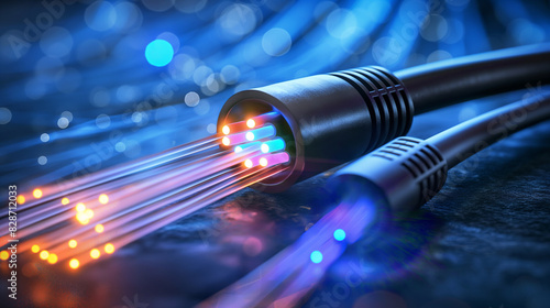 Fiber optics network cable. Background of blue and green circles with binary code. Telecommunications background. 3D illustration