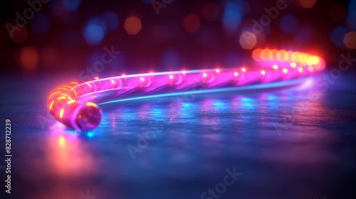 Fiber optics network cable. Background of blue and green circles with binary code. Telecommunications background. 3D illustration