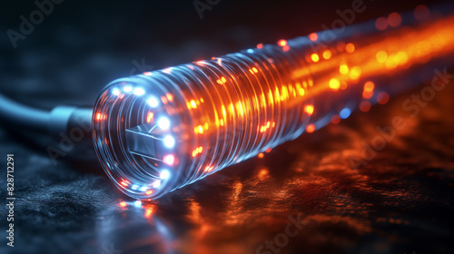 Fiber optics network cable. Background of blue and green circles with binary code. Telecommunications background. 3D illustration