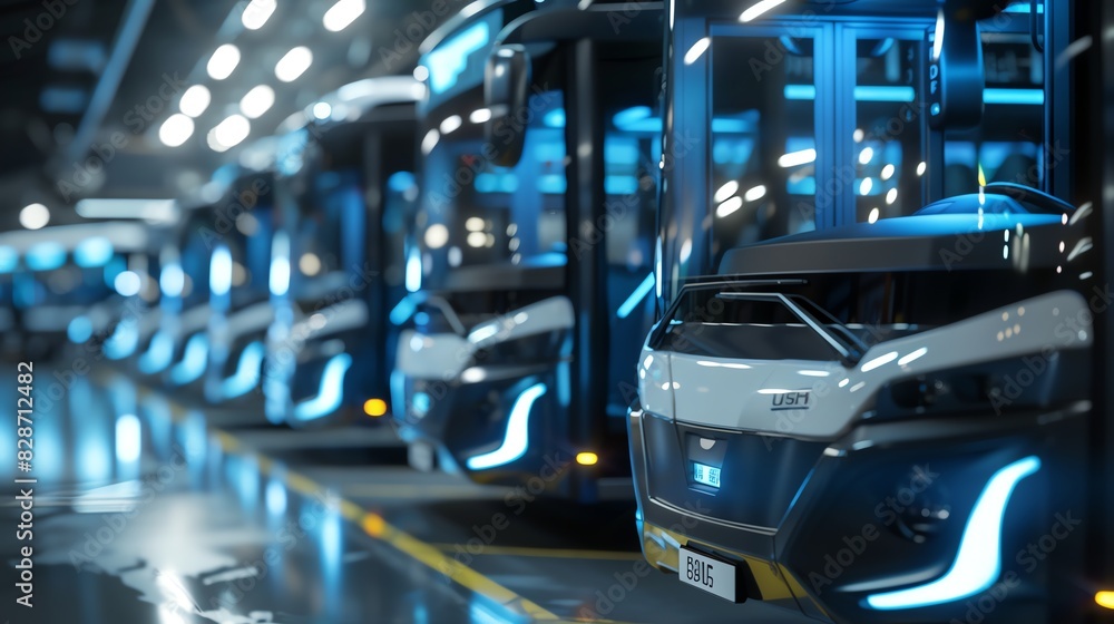 A row of sleek, modern buses in a factory setting, illuminated by bright lights.