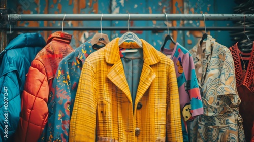 A rack of colorful clothing hangs on a metal bar against a vibrant background.  The yellow jacket in the center stands out. photo