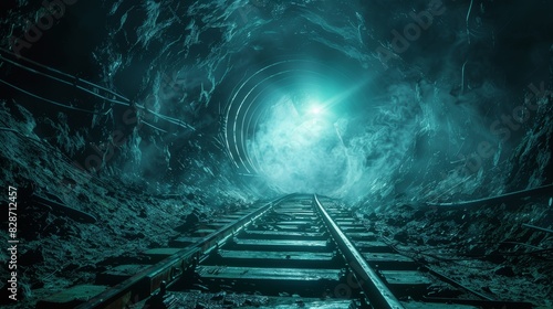 Train track entering the mouth of a dark underground tunnel, deep shadows and faint glows from far within photo