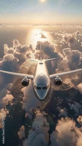 a commercial boeing airplace travelling above the clouds during the sunset photo