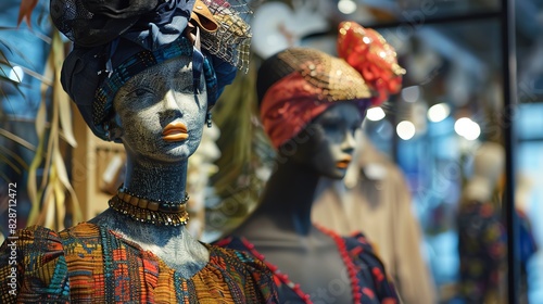 A row of mannequins with colorful headwear and clothing, showcasing a variety of fashion styles © nuttapong