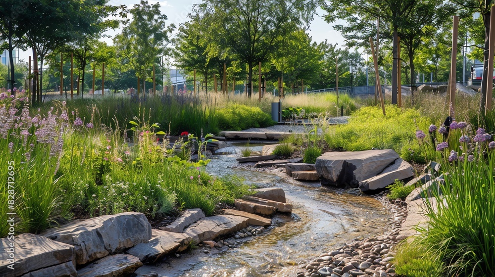 A serene stream flows through a lush, green park, surrounded by trees and rocks. A serene stream flows through a lush, green park, surrounded by trees and rocks.