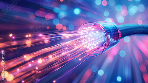 Fiber optics network cable. Background of blue and green circles with binary code. Telecommunications background. 3D illustration