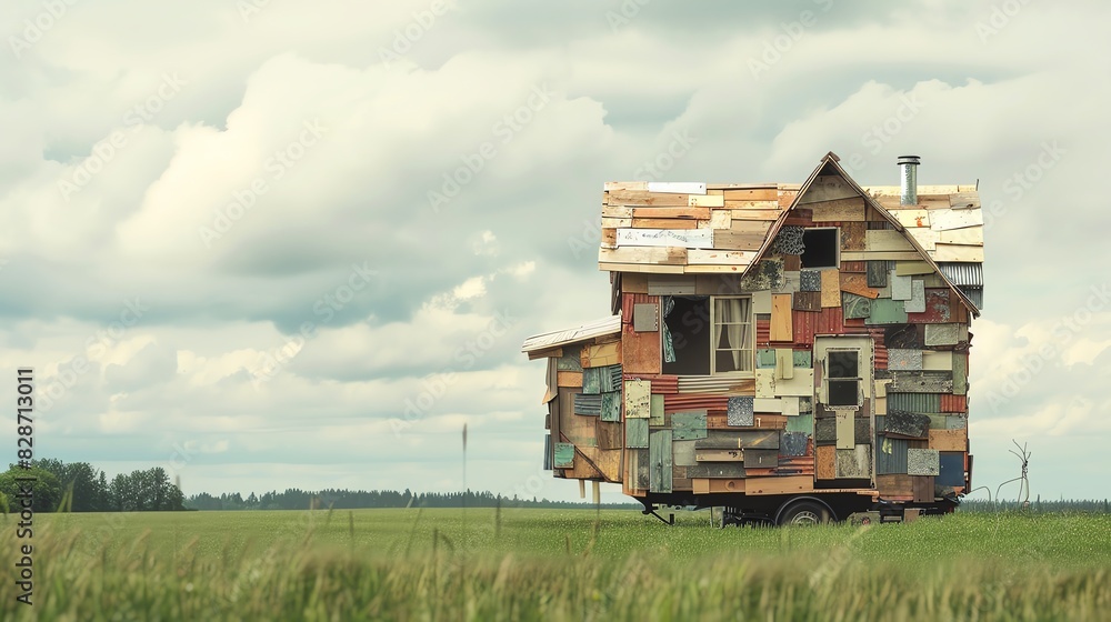 A whimsical, patched-up house on wheels sits in a field, with a cloudy sky above. The house is covered in various materials, creating a unique and quirky aesthetic. A whimsical, patched-up house on wheels sits in a field, with a cloudy sky above. The house is covered in various materials, creating a unique and quirky aesthetic.