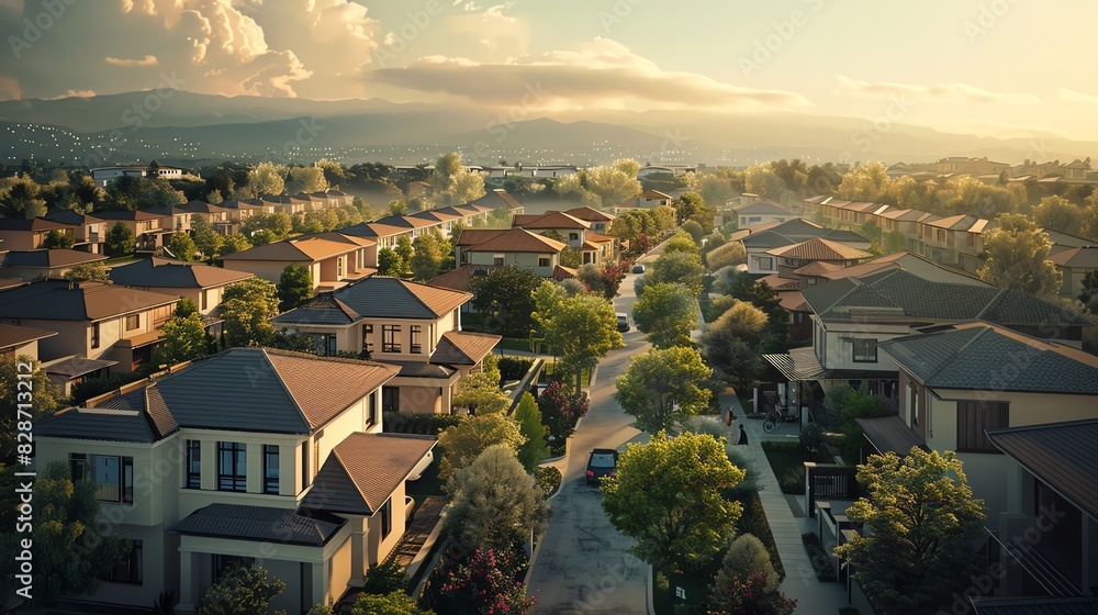 Obraz premium An aerial view of a suburban neighborhood with houses, trees, and a road. The sun is setting in the background, casting a warm glow over the scene.