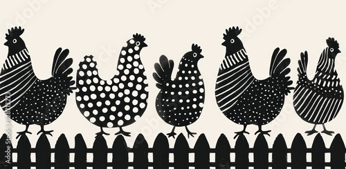 Rustic Farmyard Scene with Patterned Chickens Generative AI photo