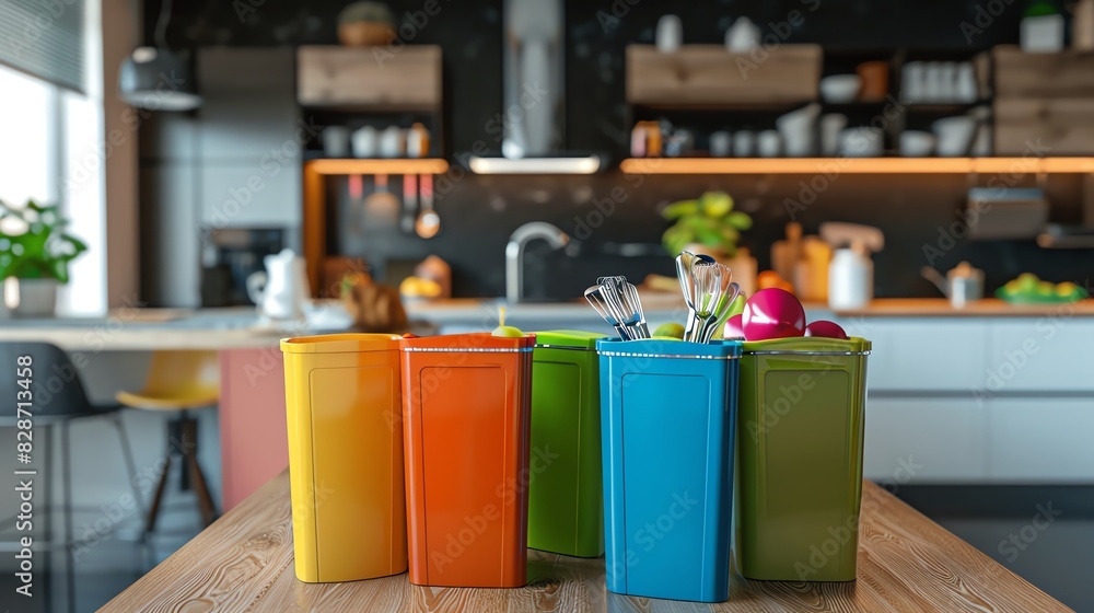 Four colorful canisters sit on a wooden table in a modern kitchen Four colorful canisters sit on a wooden table in a modern kitchen