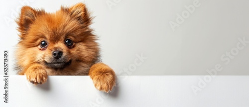 Cute Pomeranian puppy with fluffy fur and big eyes, peeking over a white ledge against a neutral panorama background, perfect for adding text or advertisement, AI-generated