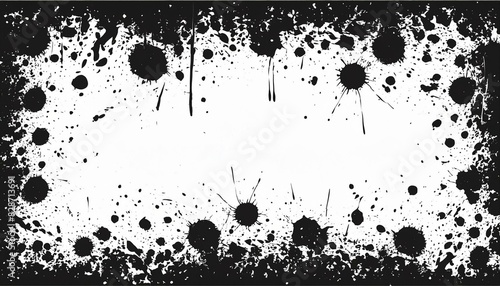 grungy black and white photo frame border with paint splashes  digital art   design  ink splash background  grunge  vintage  white space in the middle for text