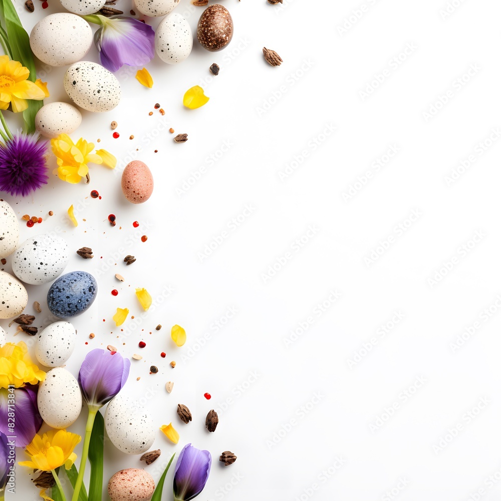 Easter background with colored eggs and flowers on white background. Generative AI.