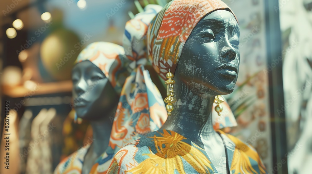Fototapeta premium Two mannequins with colorful headscarves and clothing stand in a storefront window.