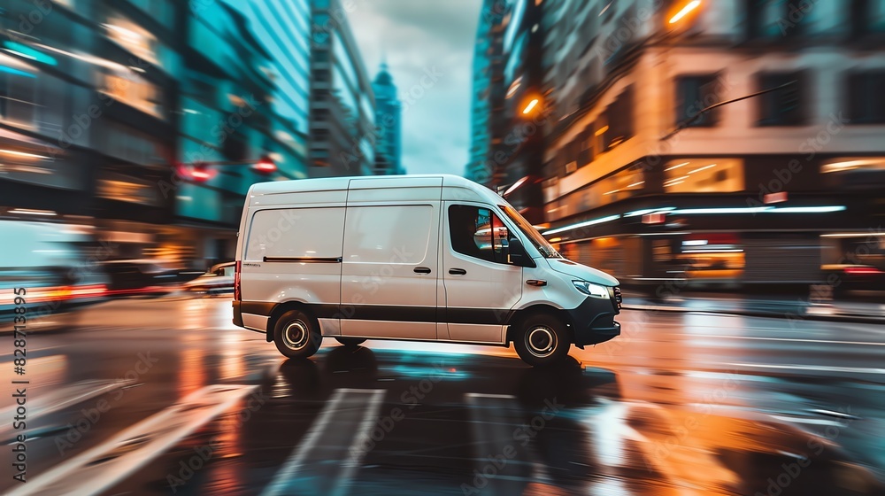 White delivery van speeding through a busy city street at night. The blurred background suggests movement and energy. The van's headlights pierce the darkness. White delivery van speeding through a busy city street at night. The blurred background suggests movement and energy. The van's headlights pierce the darkness.
