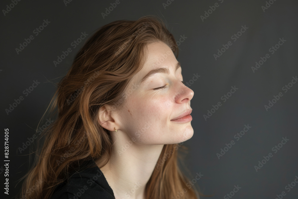 A close up of a woman's face with her eyes closed looking to a side A close up of a woman's face with her eyes closed looking to a side