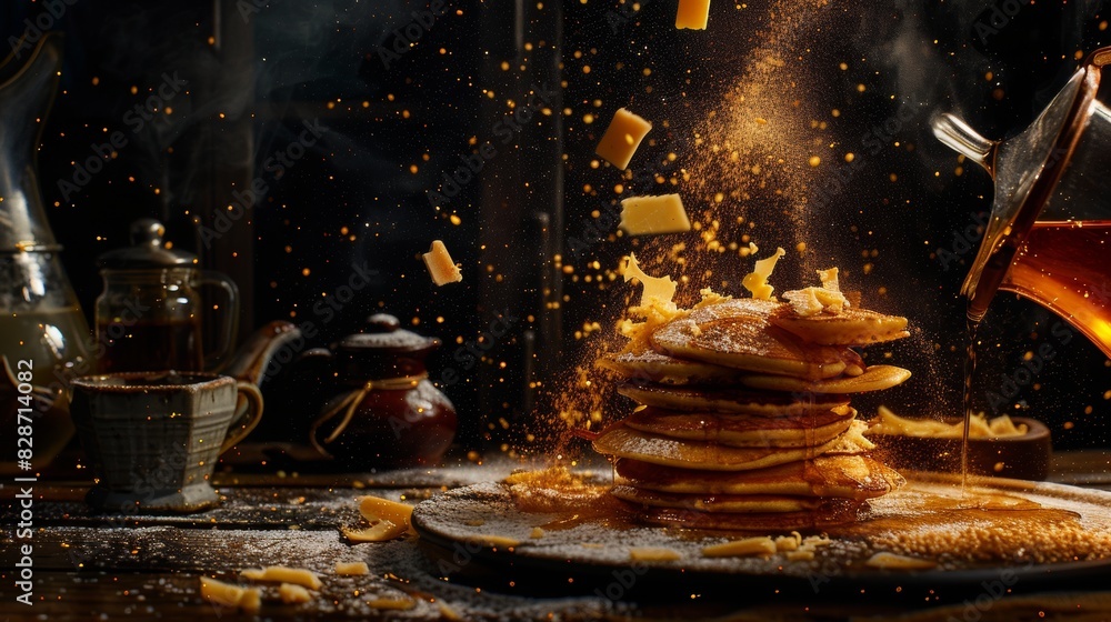 Obraz premium Spooky breakfast scene with eerie pancakes, splashing tea, and grated cheese falling, creating a supernatural atmosphere