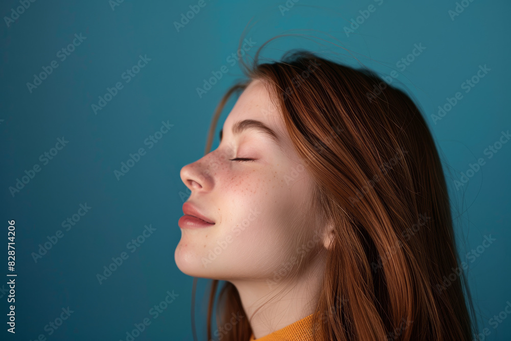 A close up of a woman's face with her eyes closed looking to a side A close up of a woman's face with her eyes closed looking to a side