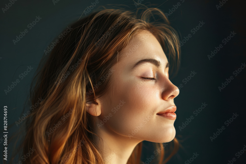 A close up of a woman's face with her eyes closed looking to a side A close up of a woman's face with her eyes closed looking to a side