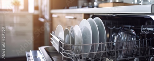  Open dishwasher with clean plates and cutlery neatly arranged inside. The kitchen setting is bright and modern, with light wooden cabinets and a countertop visible in the background.