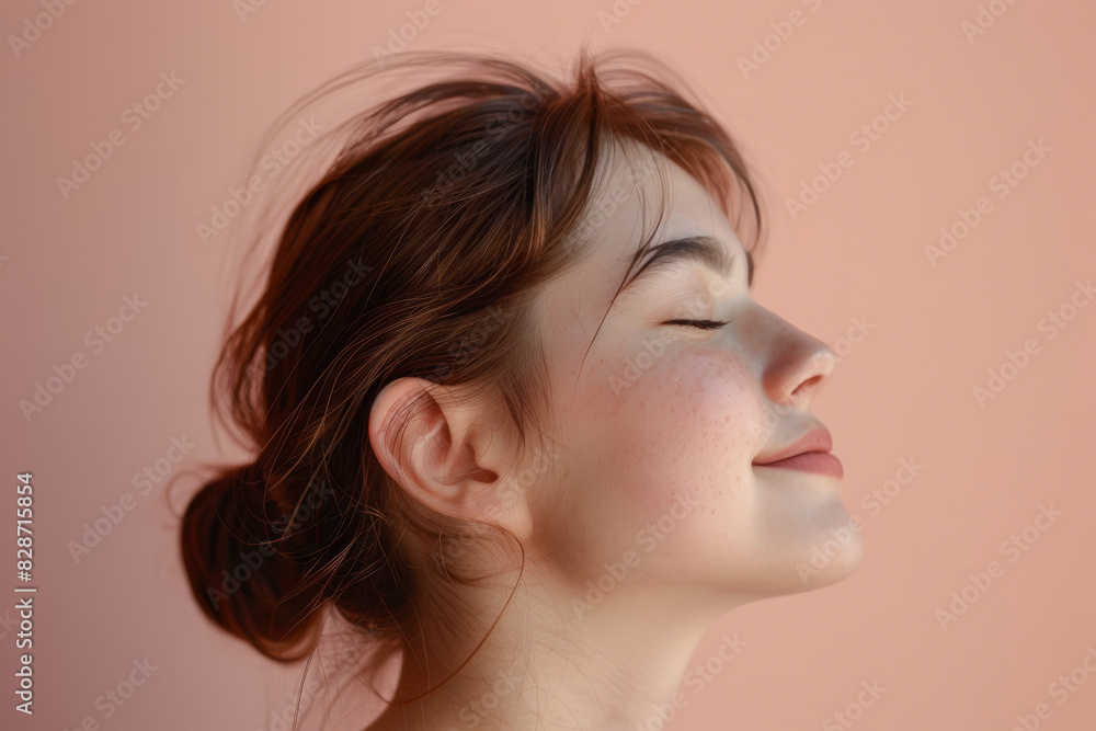 A close up of a woman's face with her eyes closed looking to a side A close up of a woman's face with her eyes closed looking to a side