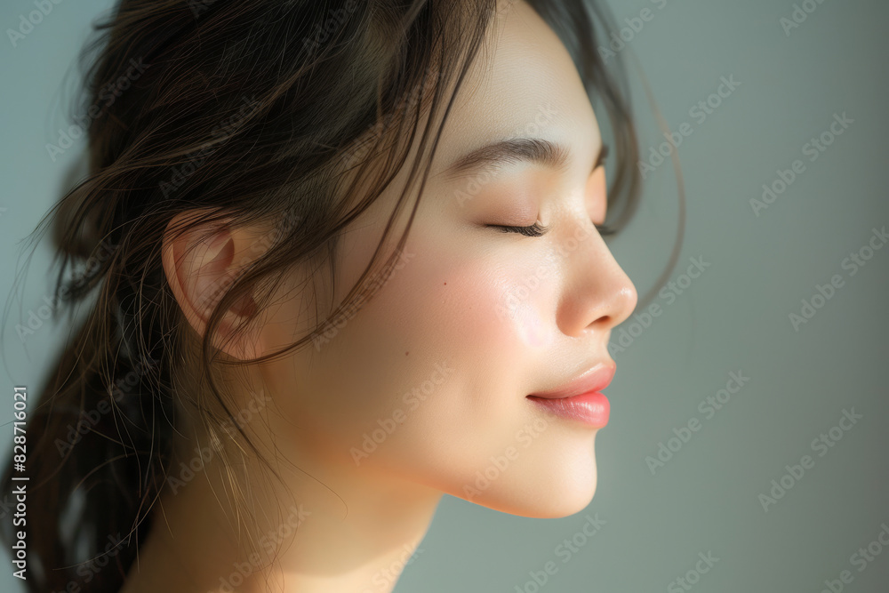 A close up of a woman's face with her eyes closed looking to a side A close up of a woman's face with her eyes closed looking to a side