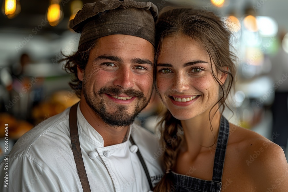 Two Caucasian professionals, a chef and a waitress, share smiles as they work in harmony within the bustling kitchen of a restaurant. Two Caucasian professionals, a chef and a waitress, share smiles as they work in harmony within the bustling kitchen of a restaurant.