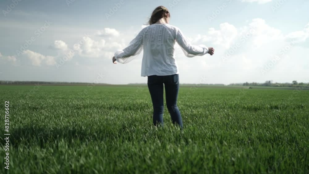 Beautiful girl walking on the green field. Girl at sunset on the field Beautiful girl walking on the green field. Girl at sunset on the field