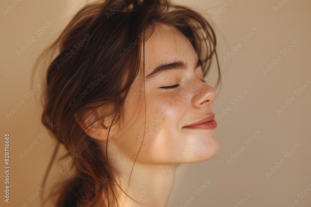 A close up of a woman's face with her eyes closed looking to a side