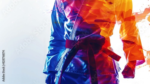 taekwondo belt close up on white background, vibrant colors, double exposure silhouette with taekwondo elements