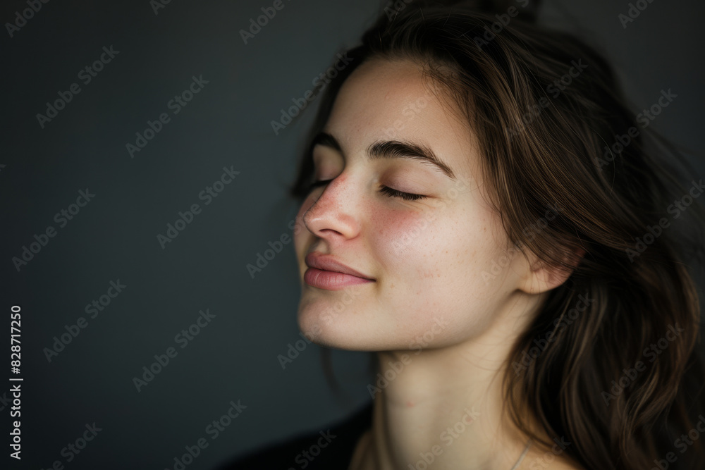 A close up of a woman's face with her eyes closed looking to a side