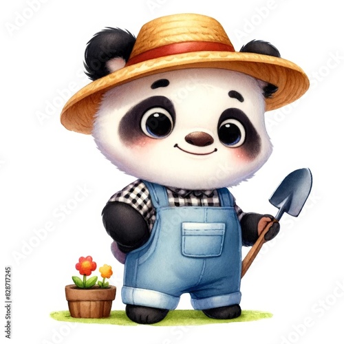 Watercolor Panda In Gardening Outfit photo