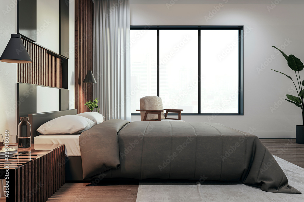A modern bedroom interior with a large window, bed, chair, and accented wood panels, against a city backdrop, concept of urban living. 3D Rendering