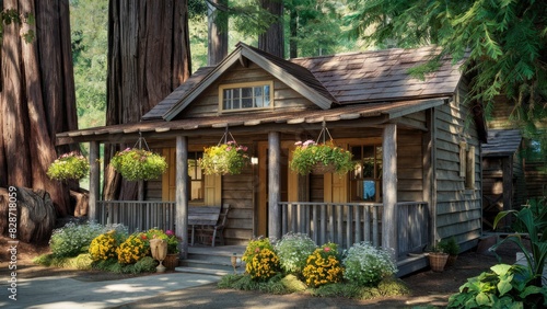 Wallpaper Mural Rustic wooden cabin with flowers in forest setting Torontodigital.ca