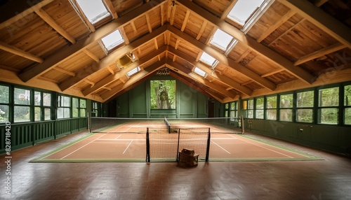 Indoor tennis court at historic sports club vintage sporting venue with covered tennis court