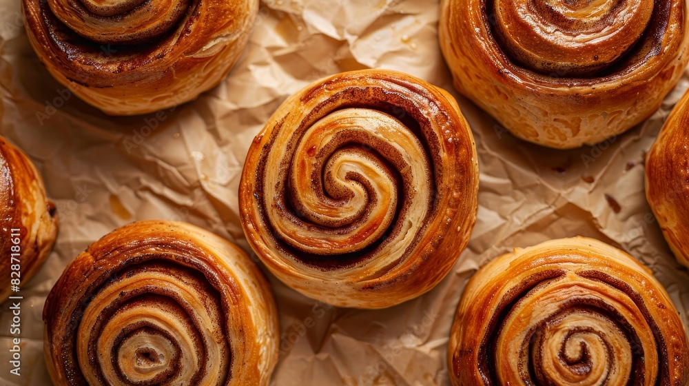 Fototapeta premium Overhead shot of cinnamon rolls on parchment paper, isolated background, capturing golden crust, studio lighting