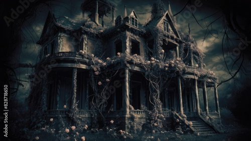 A dilapidated Victorian mansion overrun by tangled vines and wild roses, Dark and haunting artistic style