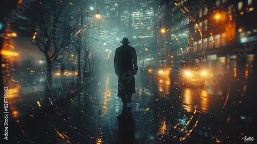 A lone man in a coat stands in a rainy urban landscape with glowing lights and a reflective surface